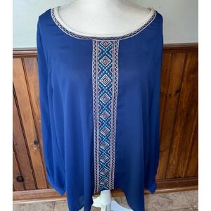 NWT Umgee Womens Blue Embroidered Long Sleeve Flowy Blouse Buttons 2XL